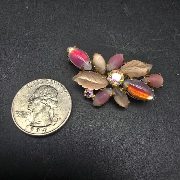 Pink Rhinestone Satin Glass Brooch Givre Vintage Glam Costume Jewelry - Picture 3 of 8